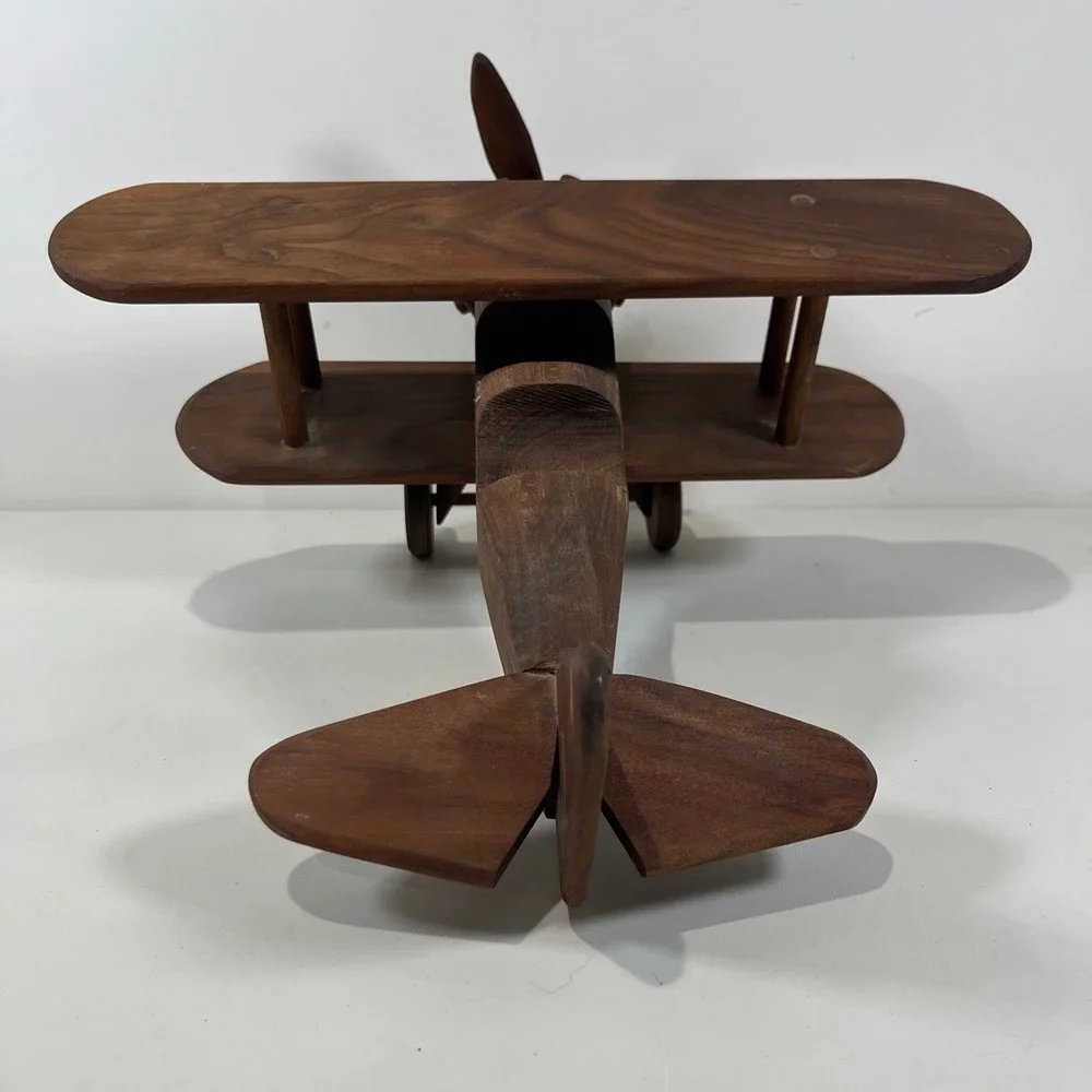 Vtg Wood Biplane Model Airplane Handcrafted Wood Decor Aviator MCM Collectible